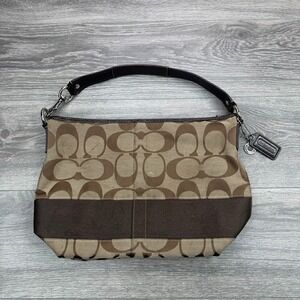 Coach F13581 Signature Stripe Shoulder Hobo Bag Brown Khaki Jacquard Hobo Y2K